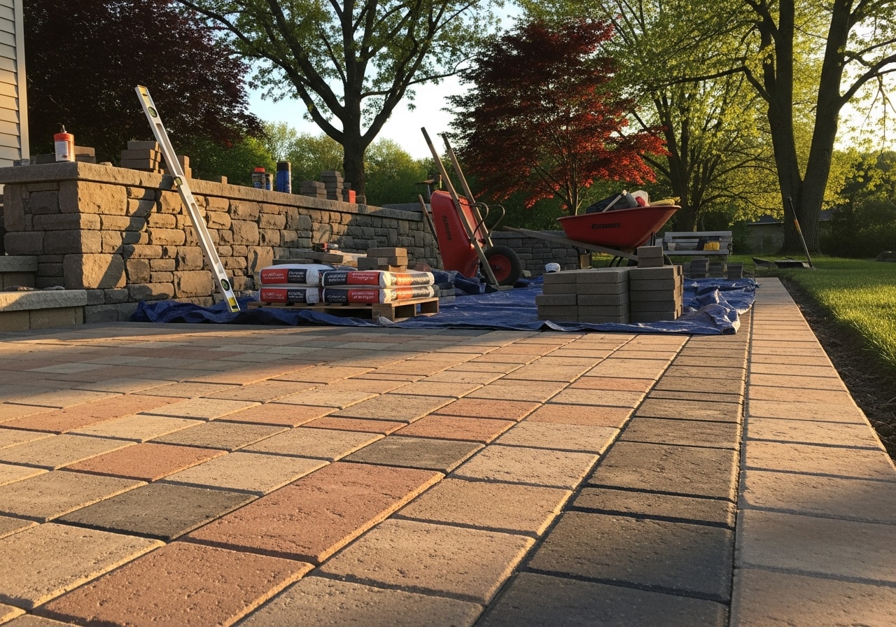 Outdoor hardscape project showing completed paver patio and retaining wall installation with professional crew tools and materials on site.