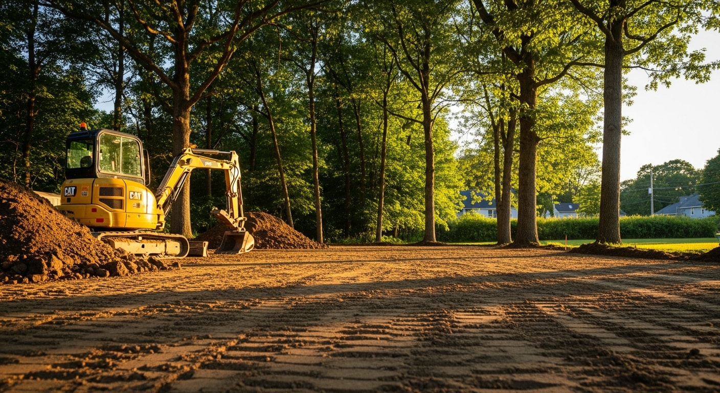 Excavation equipment preparing site for hardscape installation