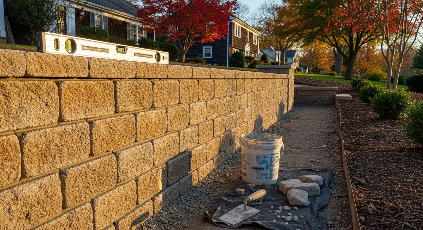 Custom masonry retaining wall and fireplace construction