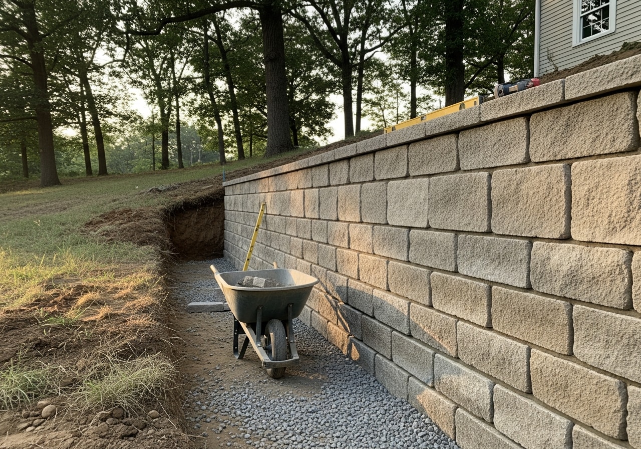 Belgian block retaining wall installed on sloped residential property in High Bridge, Hunterdon County