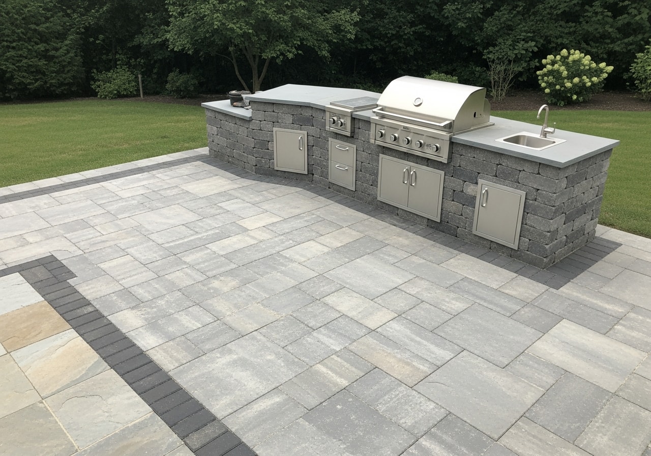 Bluestone patio with integrated outdoor kitchen and grill in Morristown, Morris County