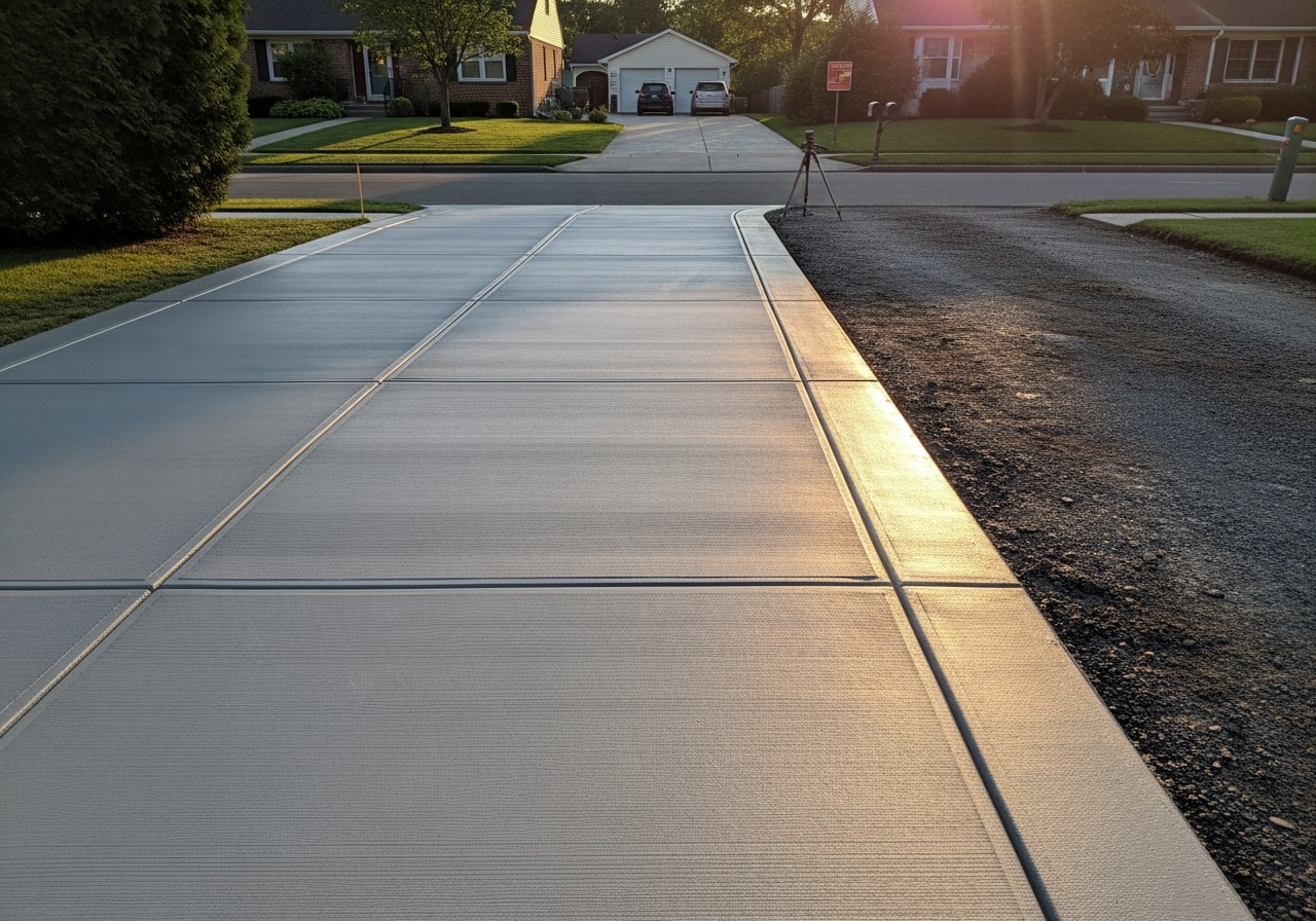 New concrete driveway with broom finish installed in Elizabeth, Union County