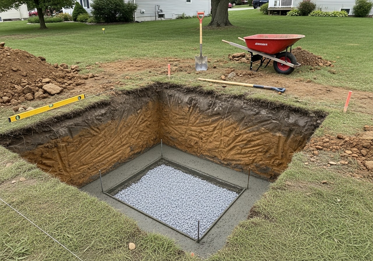 Excavated fireplace foundation with concrete footings in Somerville, Somerset County
