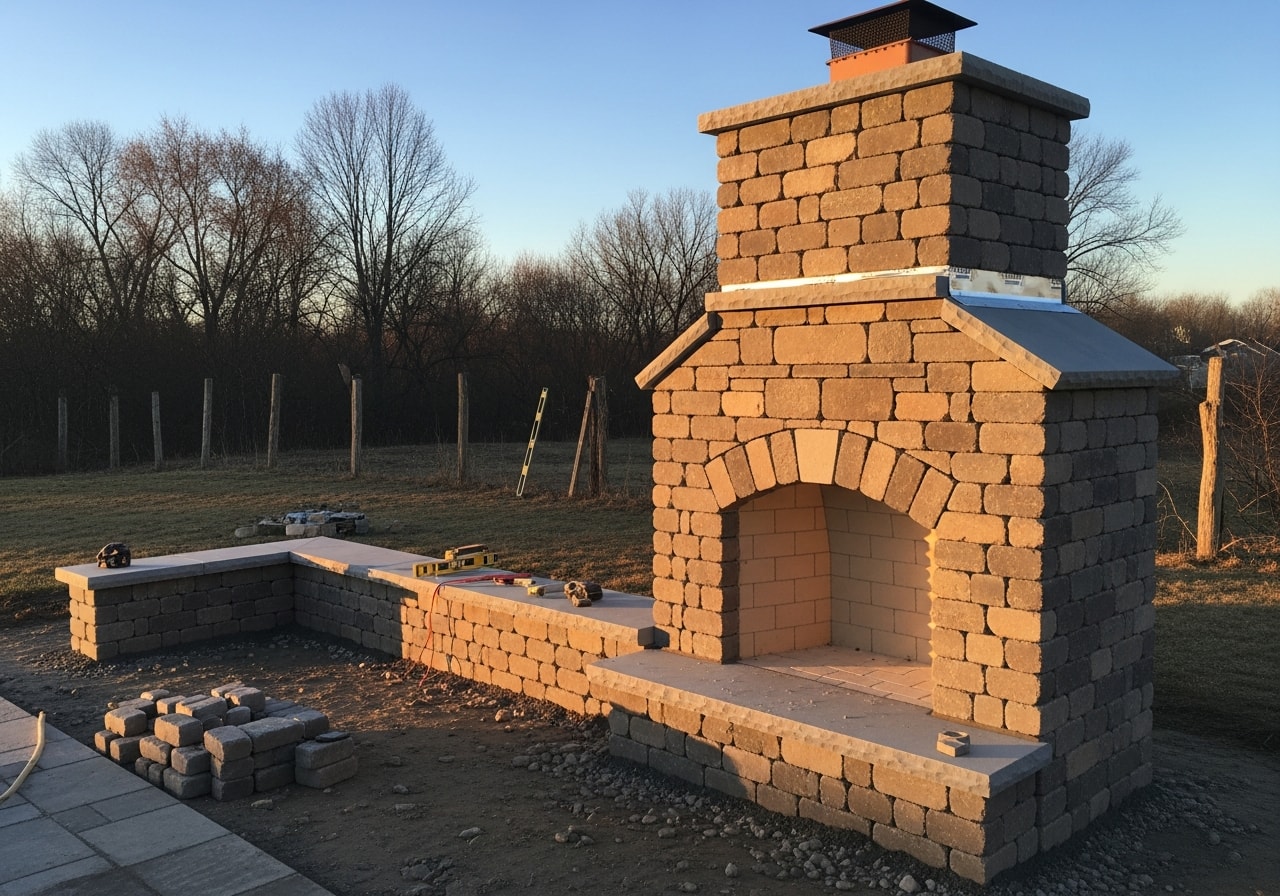 Natural stone outdoor fireplace and sitting wall in Hackettstown, Warren County