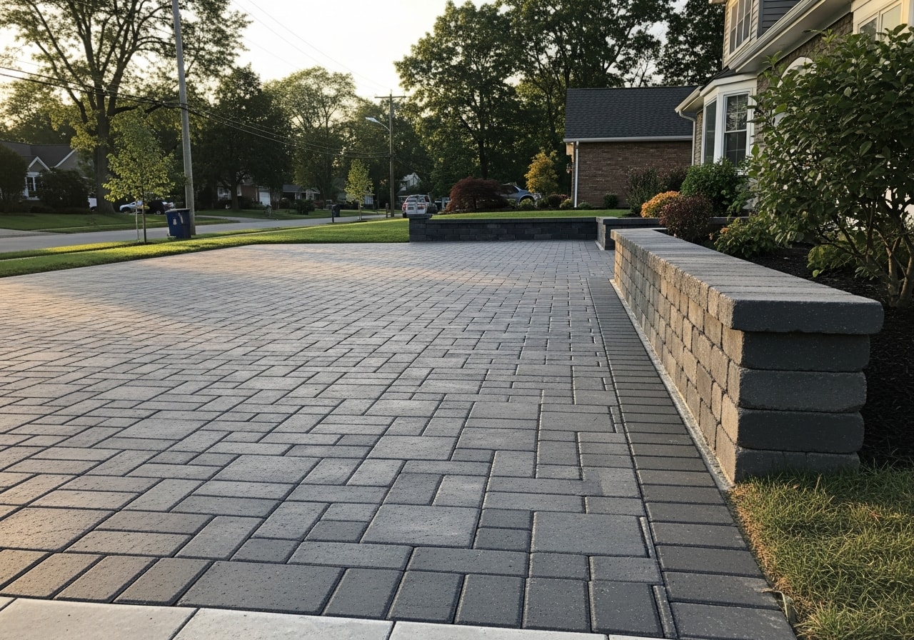 Charcoal paver driveway and matching sitting wall in Mount Laurel, Burlington County