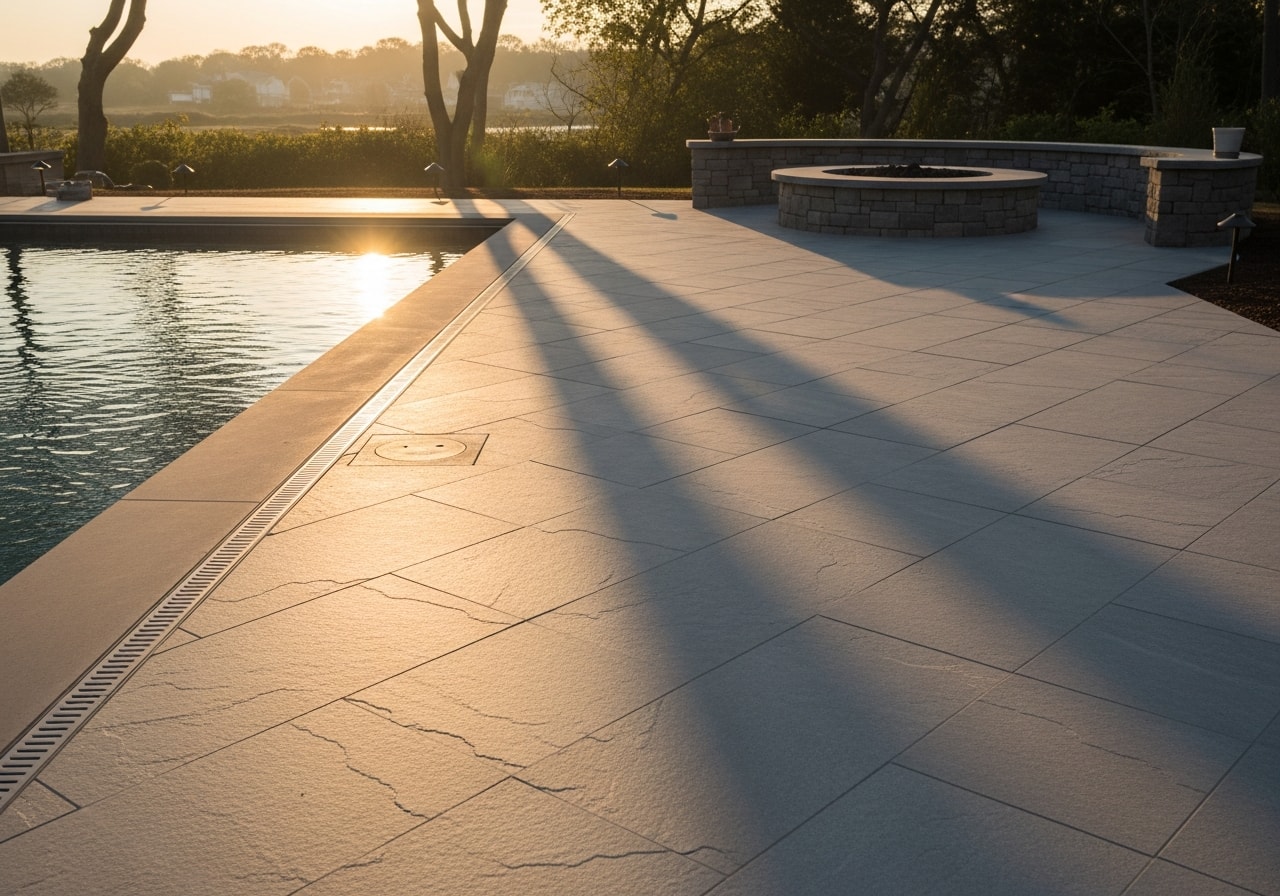 Porcelain pool patio with integrated fire pit seating area in Long Branch, Monmouth County