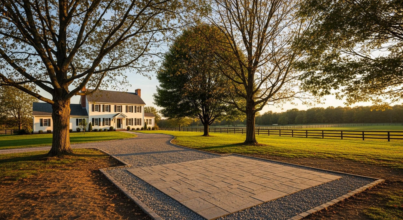 Wide view of a residential property in rural Hunterdon County with mature trees and open land, showing typical farmland-adjacent home setting.