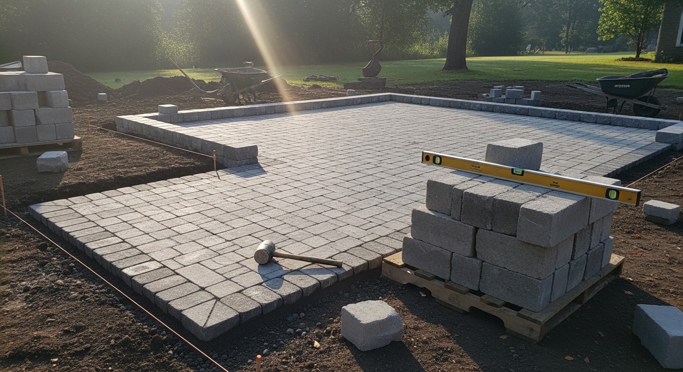 Freshly installed Belgian block driveway border on a residential property in Hunterdon County, NJ, with natural stone edging set flush along a paved driveway apron. Close view shows tight-set stone joints and a compacted base edge meeting a manicured lawn line.