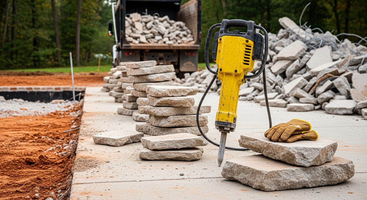 Broken concrete driveway slab being removed by a contractor on a residential property in Hunterdon County, NJ. Chunks of demolished concrete are staged near a compact excavator on a cleared job site.