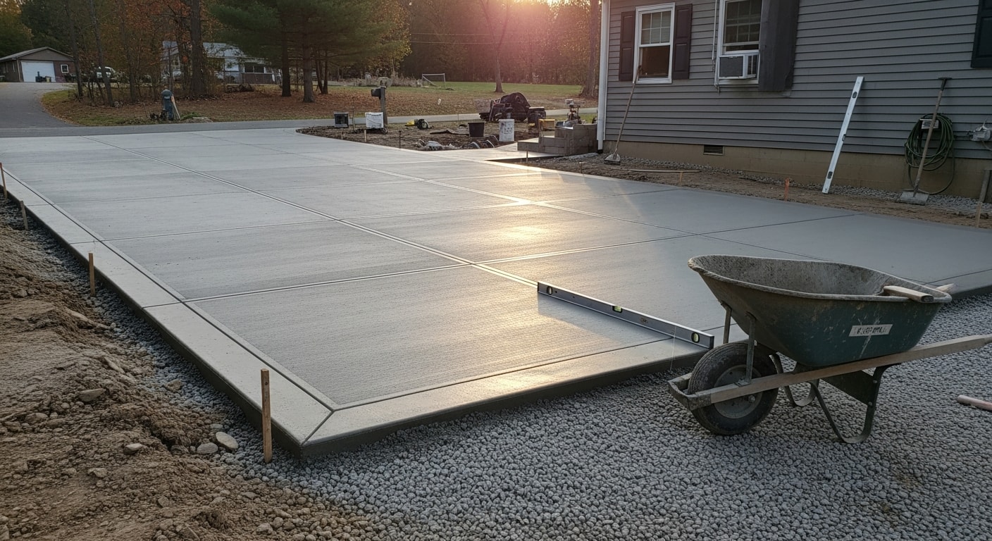 Freshly installed concrete driveway at a residential property in Hunterdon County, NJ, showing a smooth, light-gray surface with clean edges and visible control joints. The driveway leads to a two-car garage set against a typical New Jersey suburban home exterior.