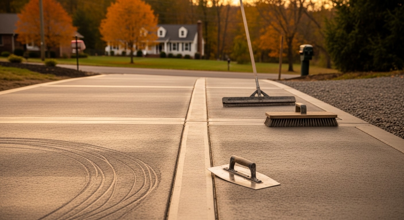 A freshly broom-finished concrete driveway apron and walkway at a residential property in Hunterdon County, NJ. The surface shows clean edging, uniform texture, and a slight drainage slope away from the home.