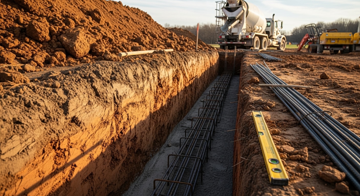 Freshly poured concrete footing with steel rebar reinforcement in an excavated trench at a residential construction site in Hunterdon County, NJ. The footing is set in firm soil below frost depth, ready to support a home addition foundation wall.