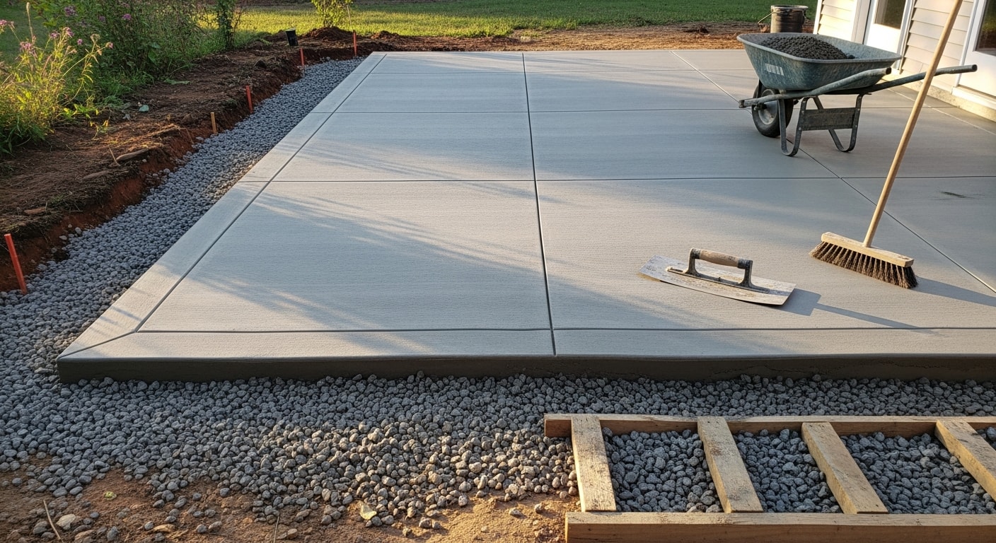 A freshly installed brushed concrete patio in a residential backyard in Hunterdon County, NJ, with clean edges and a slight drainage slope away from the house. The surrounding lawn and mature trees reflect the rural-residential character common to properties across the county.