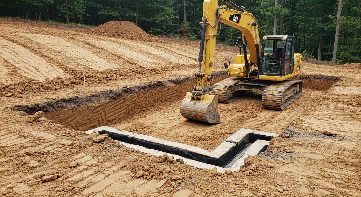 Excavation contractor operating heavy equipment on a sloped residential lot in Hunterdon County, NJ, with cleared land and exposed soil ready for foundation work. Site shows graded terrain and removed tree stumps typical of rural Hunterdon County properties.