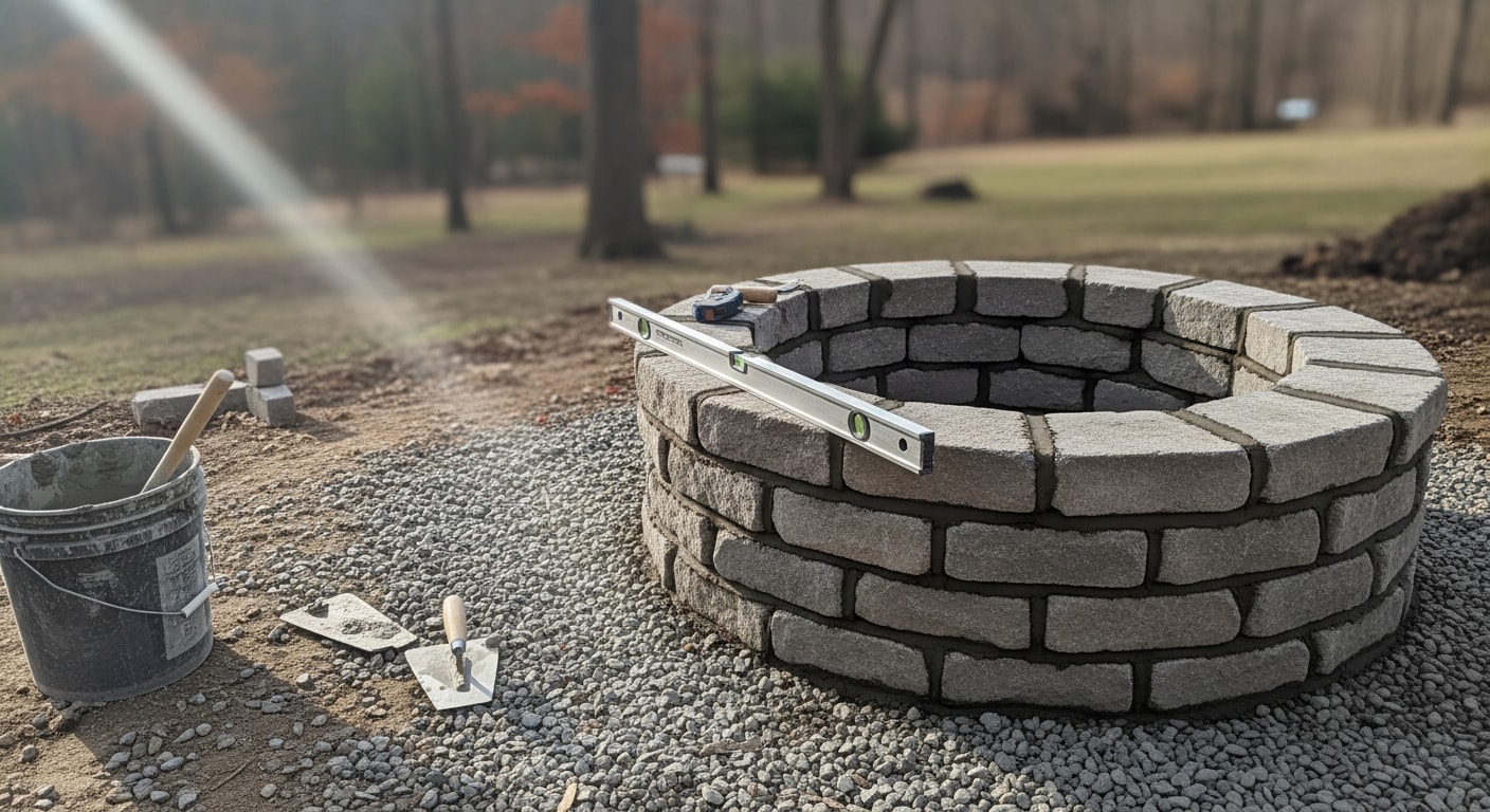 A custom-built masonry fire pit with raised stone walls set in a residential backyard in Hunterdon County, NJ. The fire pit sits on a level base surrounded by open seating space, with a wood-framed home visible in the background.