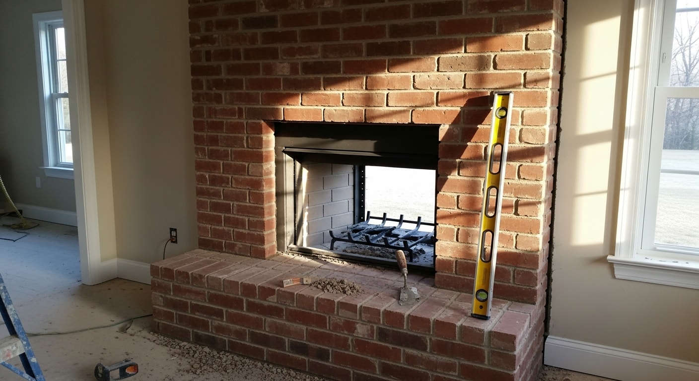 A newly constructed brick masonry fireplace with a stone surround and raised hearth inside a Hunterdon County, NJ home. The firebox and chimney breast are built flush with the living room wall, showing clean mortar joints and a finished mantel shelf.