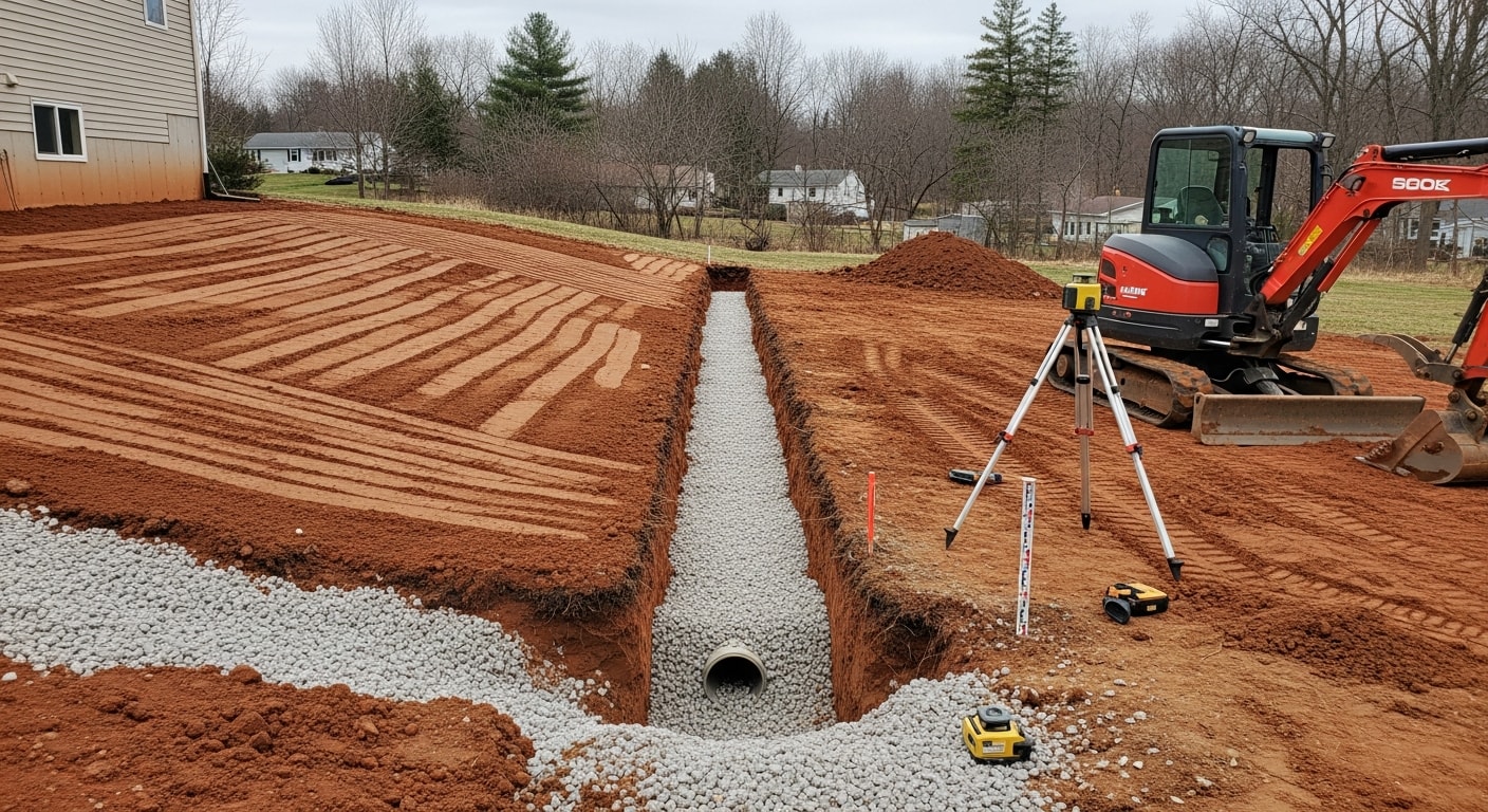 A graded residential yard in Hunterdon County, NJ with a clearly sloped lawn directing water away from the home's foundation. A shallow drainage swale runs along the property edge to channel runoff toward a safe outlet.