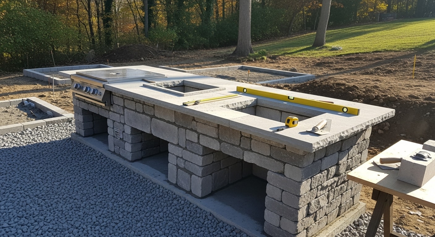 A completed outdoor kitchen installation in a Hunterdon County backyard, showing a stone-faced cooking structure with built-in grill, counter space, and paver patio base. The setup is integrated with the surrounding hardscape on a residential lot.