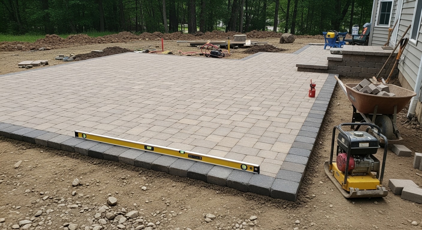 A completed paver patio installed in a residential backyard in Hunterdon County, NJ, featuring a clean herringbone pattern with a defined border edge and a graded surface that slopes away from the home's rear foundation.