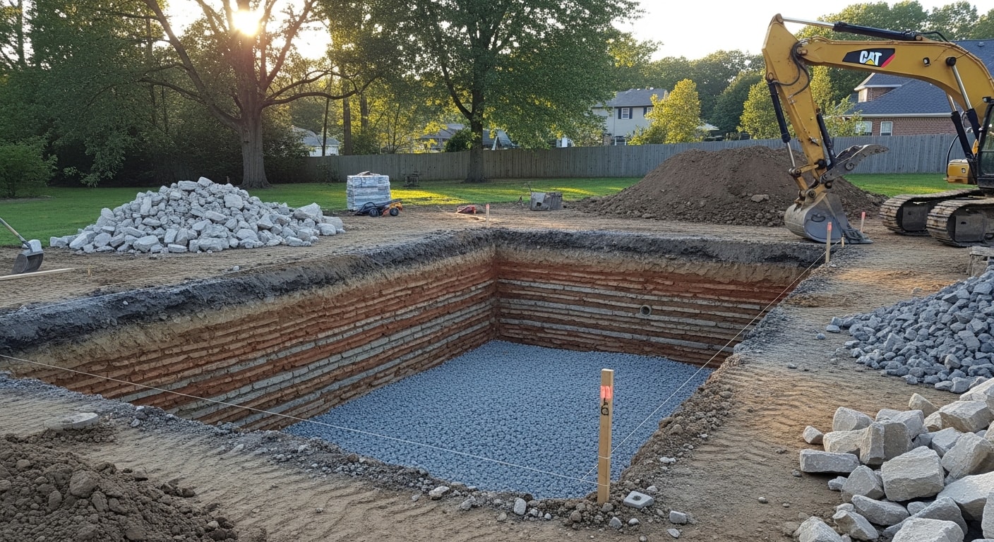 Excavated inground pool shell opening in a residential backyard in Hunterdon County, NJ, showing graded soil walls and a level base ready for pool installation. A KM Remodeling excavator sits at the edge of the dig site with spoil piles staged for removal.