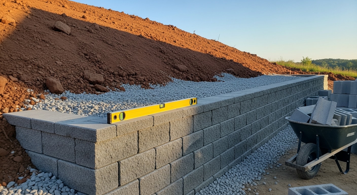 A finished masonry retaining wall on a sloped residential property in Hunterdon County, NJ, with level ground behind it and gravel drainage visible at the base. The wall runs along the edge of a backyard, separating a flat lawn area from a steep hillside.