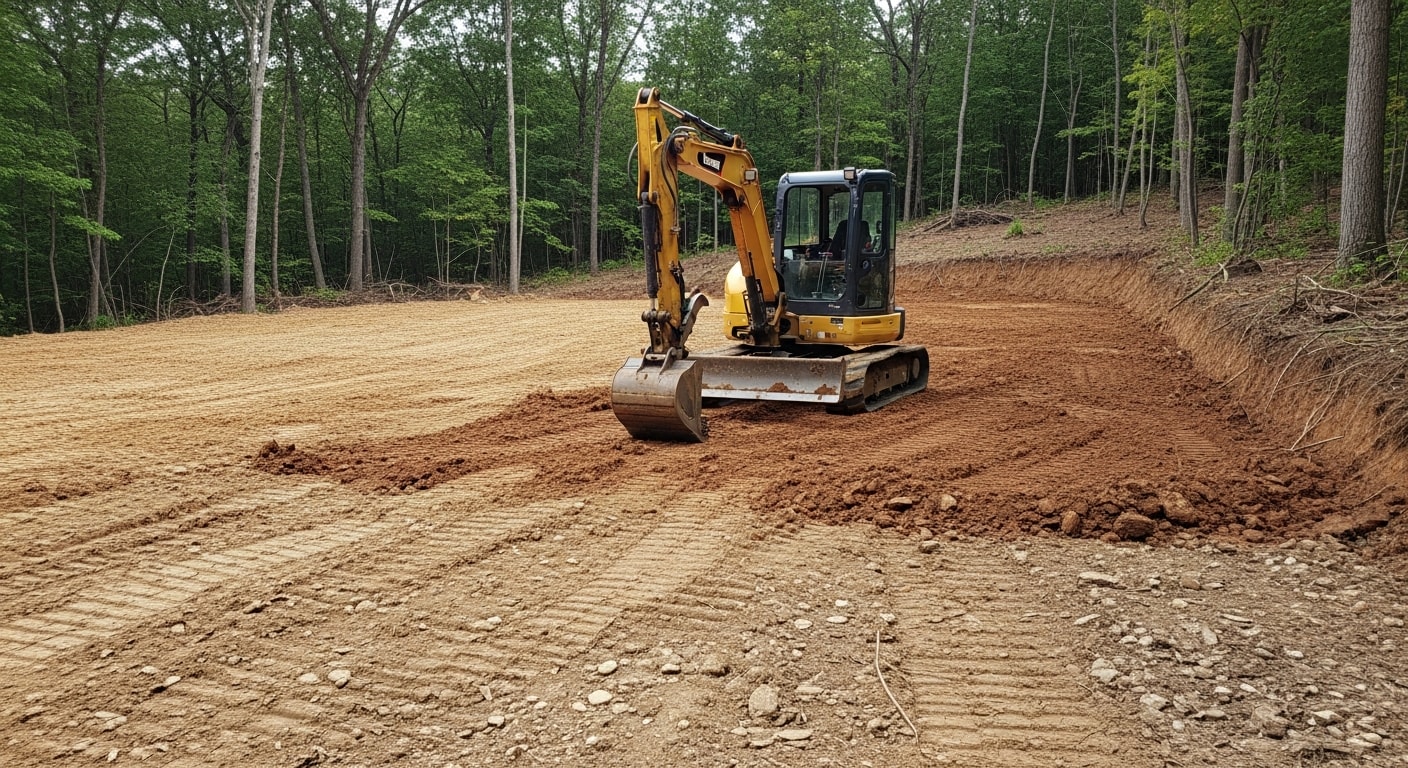 A cleared and graded residential construction lot in Hunterdon County, NJ, with leveled soil and defined building pad ready for foundation work. Surrounding wooded tree line visible at the property edge.