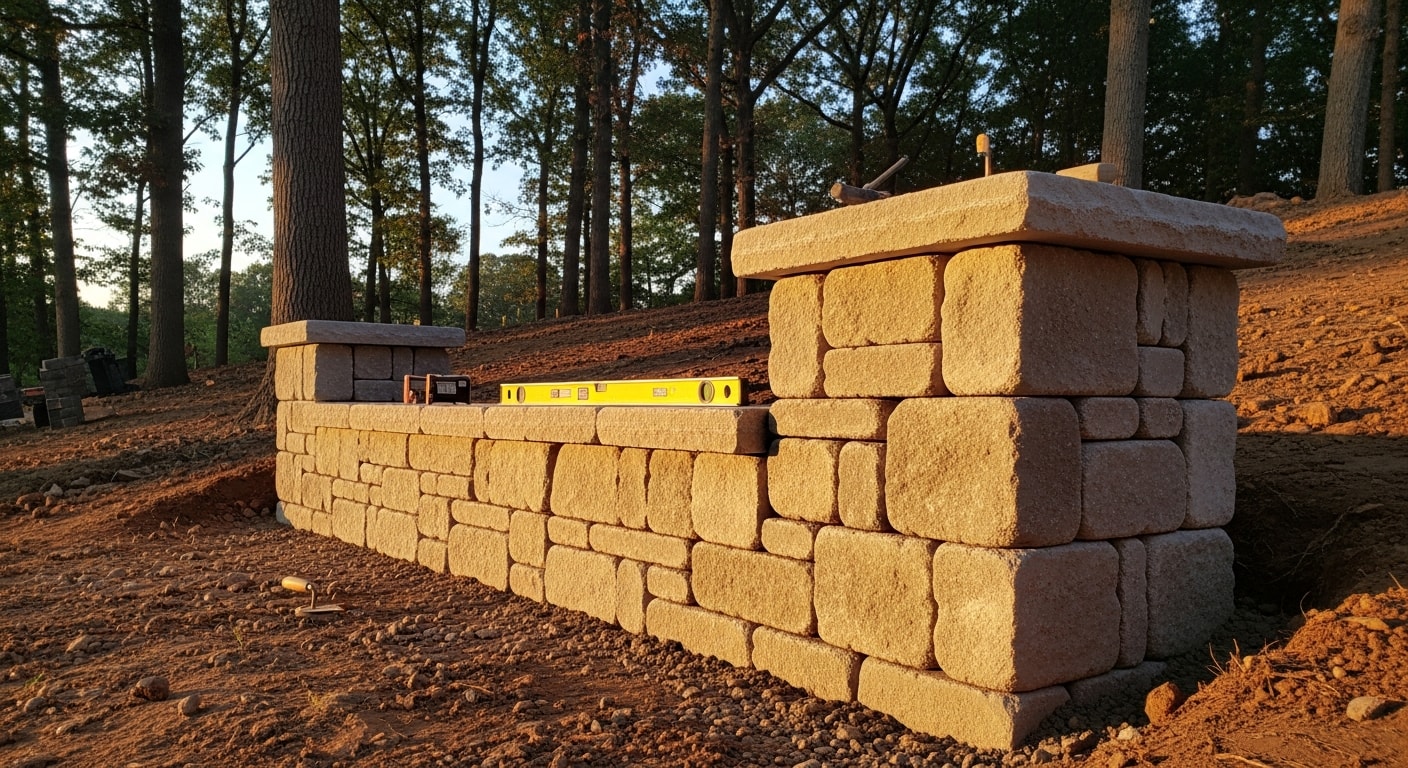 A finished masonry sitting wall built along the edge of a residential patio in Hunterdon County, NJ, with neatly tooled mortar joints and a flat cap course. The wall borders a landscaped yard on a gently sloped lot typical of the region.