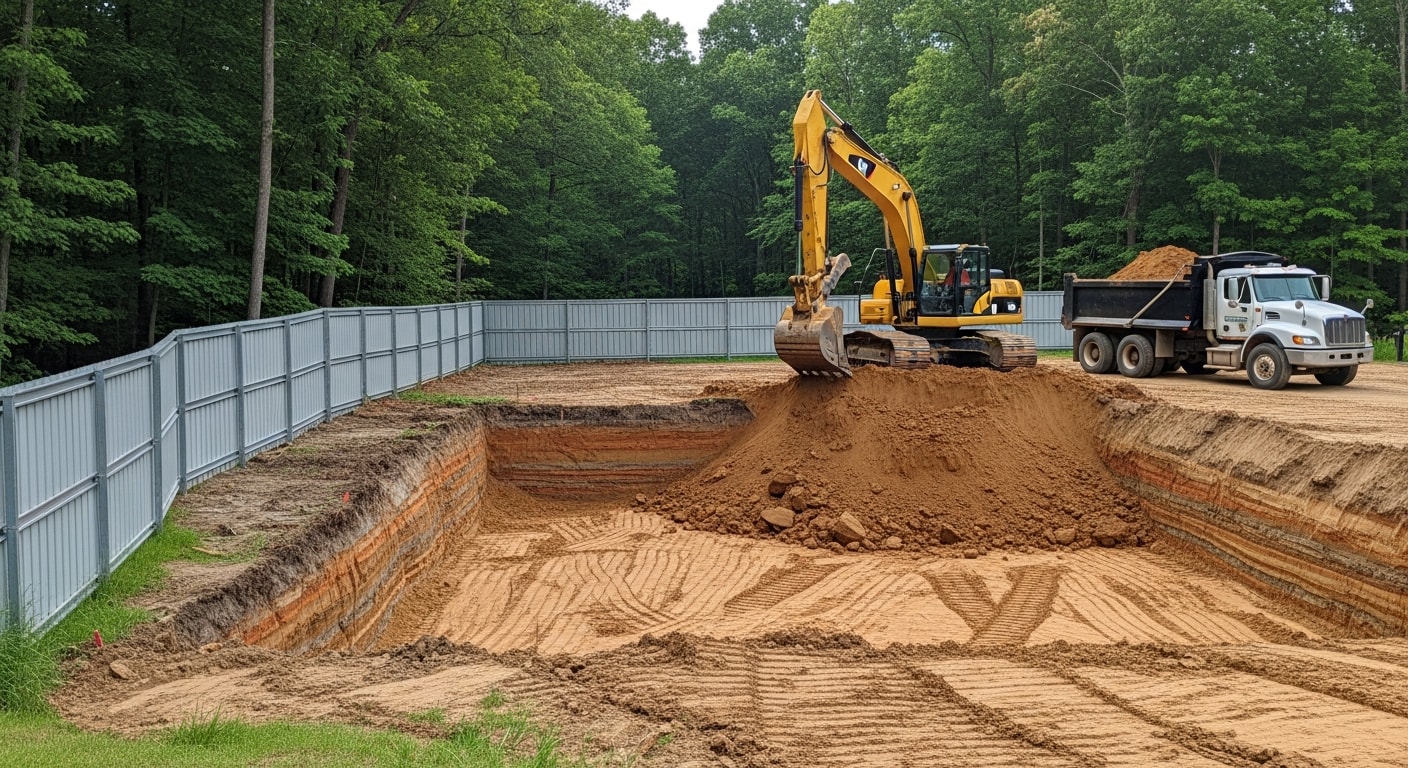 Excavator removing a large volume of soil from a residential lot in Hunterdon County, NJ, with cleared ground visible and a clean site edge ready for foundation work.